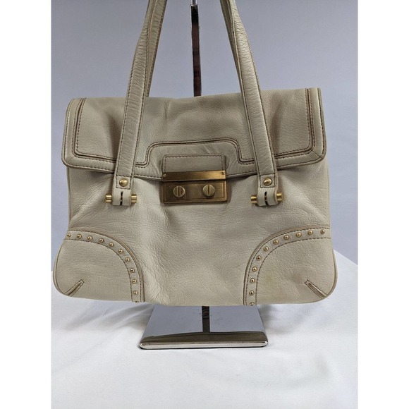 Talbots Leather Handbag Purse Ivory Cream Gold Hardware Studded Divided Sections - Picture 1 of 13
